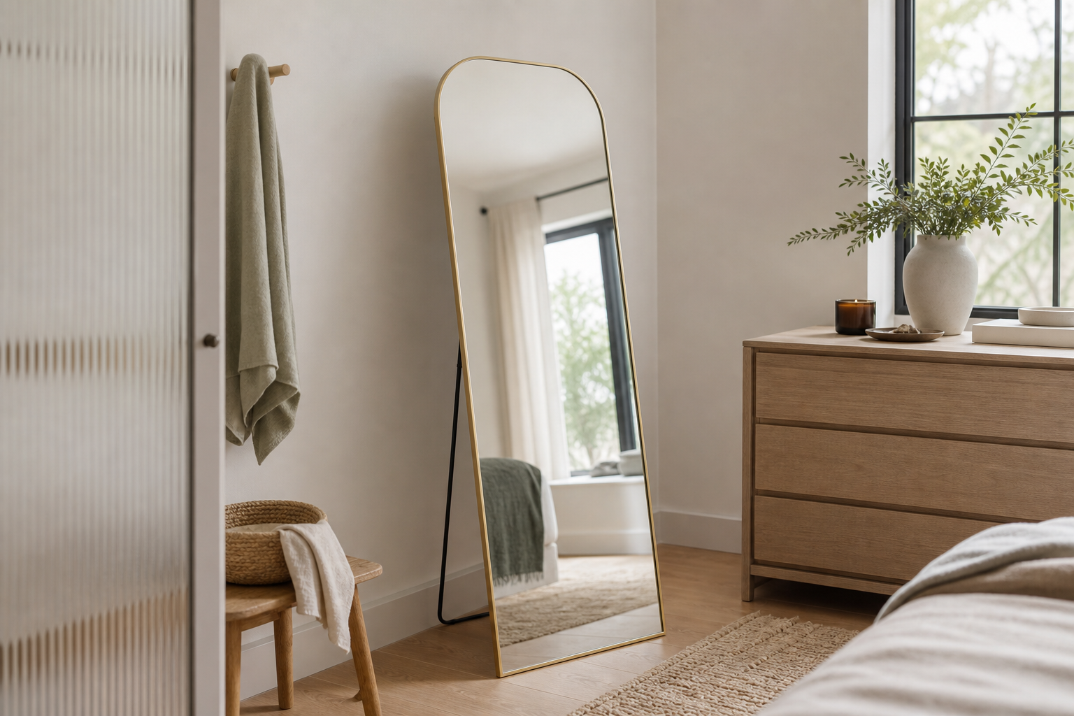 Elliot gold curved full-length mirror on its folding stand in a bright bedroom