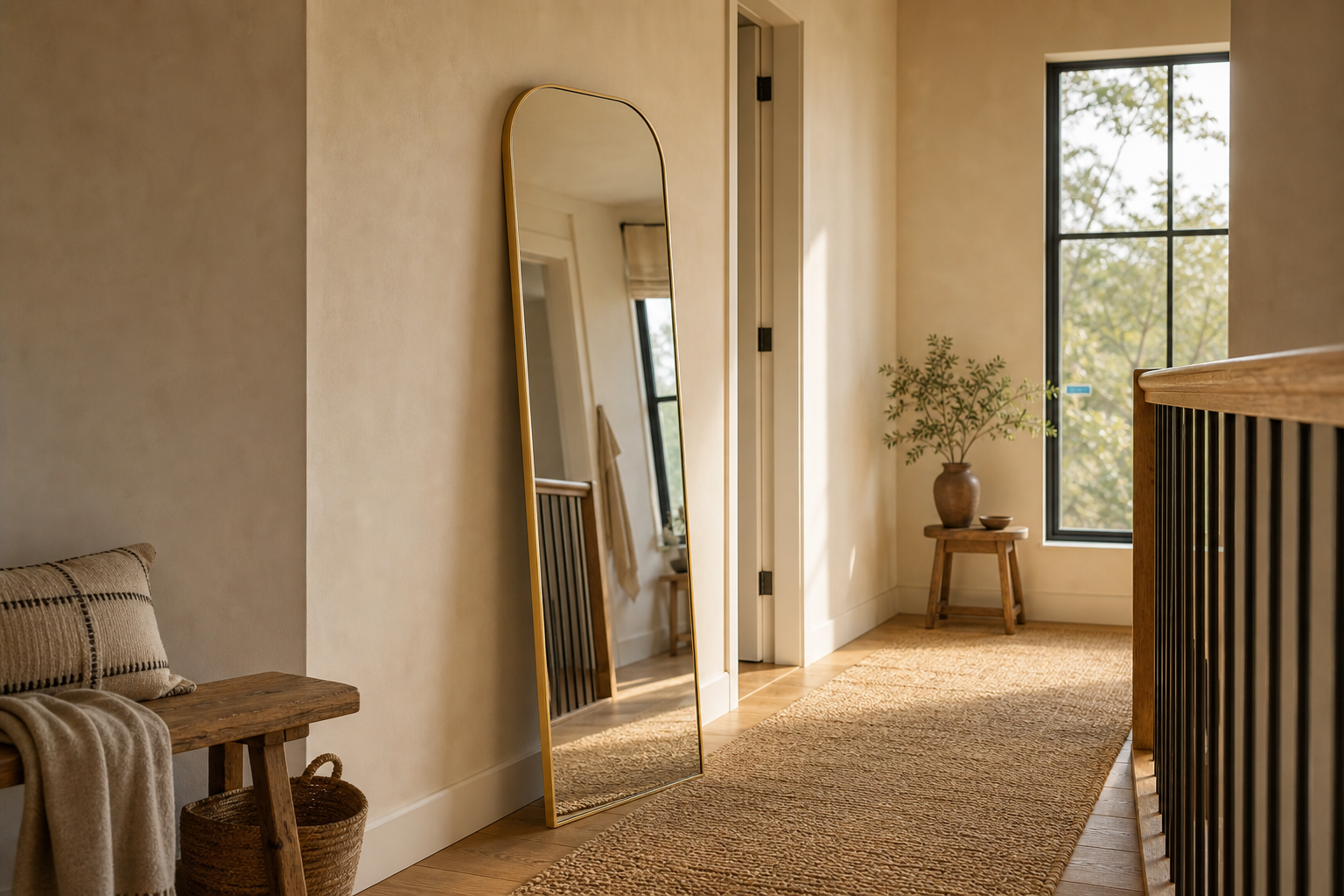 Elliot gold curved full-length mirror leaning in a warm upstairs hallway