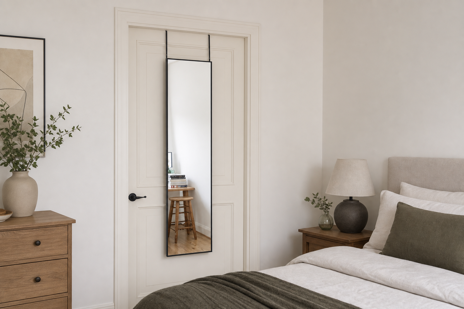 Quinn over-the-door full-length mirror in a calm bedroom