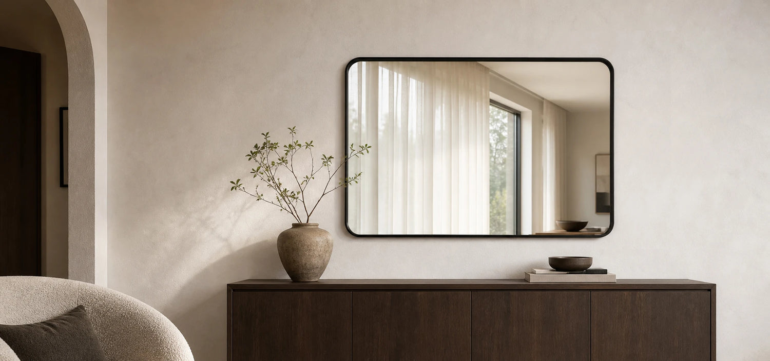 Schwarzer Wandspiegel mit abgerundeten Ecken über einem dunklen Holz-Sideboard in einem warmen modernen Wohnraum